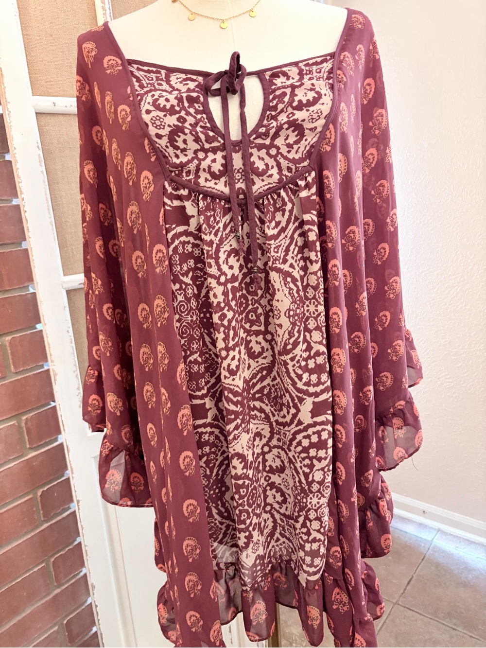 Free People Paisley Kimono Sleeve Mini Tunic Dress S Plum Burgundy Boho